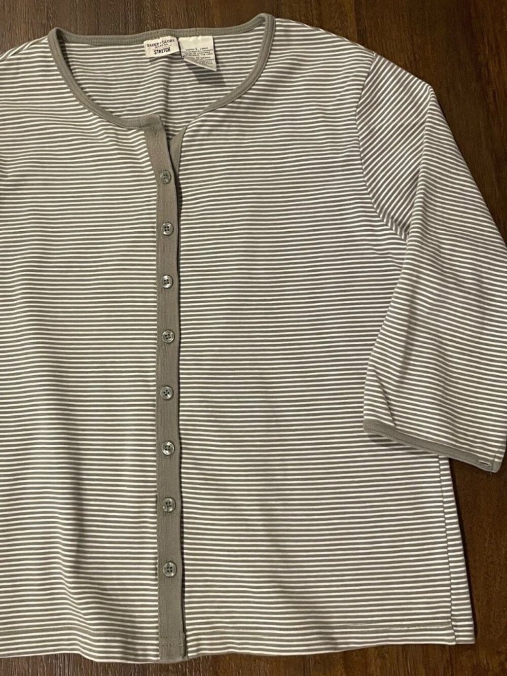 Faded Glory button-down knit top with grey & white stripes.